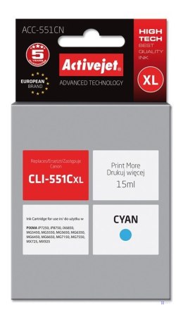 Activejet ACC-551CN Tusz (zamiennik Canon CLI-551C; Supreme; 15 ml; niebieski)