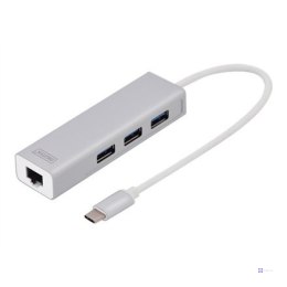 HUB 3-portowy USB Typ C 3.0 HighSpeed z LANGigabit LAN adapter, aluminium