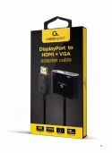 GEMBIRD ADAPTER NA KABLU DISPLAYPORT MĘSKI NA ŻEŃSKI HDMI + ŻEŃSKI VGA CZARNY, 10CM