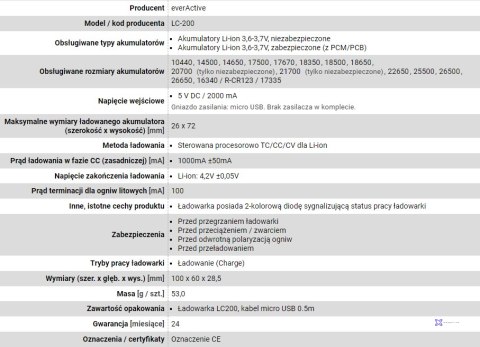 EVERACTIVE ŁADOWARKA DO AKUMULATORKÓW CYLINDRYCZNYCH LI-ION LC200