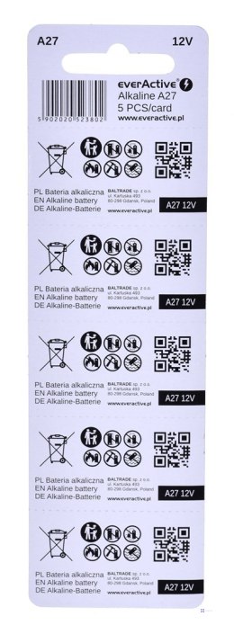 EVERACTIVE BATERIE ALKALICZNE 27A 12V, BLISTER 5 SZT. 27A5BL