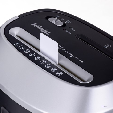 Niszczarka Activejet ASH-1201D, P-3, 25 l, ścinki 5x38 mm, 12 kartek, czarno-srebrna.