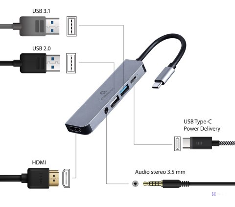 GEMBIRD MULTI ADAPTER USB TYP-C 5W1 (HUB + HDMI + PD + DŹWIĘK STEREO) SREBRNY