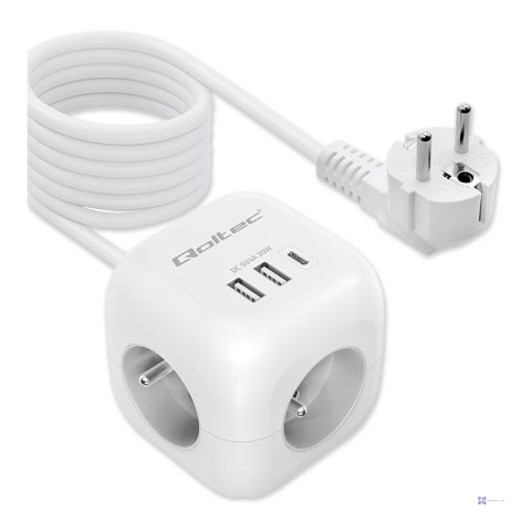 Kostka zasilająca Qoltec przedłużacz 6w1 z podświetlanym włącznikiem | 3x AC | 2x USB | 1x USB-C PD 20W | Biała | Kabel 2m