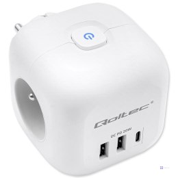 Kostka zasilająca Qoltec przedłużacz 6w1 z podświetlanym włącznikiem | 3x AC | 2x USB | 1x USB-C PD 20W | Biała