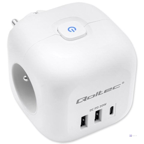 Kostka zasilająca Qoltec przedłużacz 6w1 z podświetlanym włącznikiem | 3x AC | 2x USB | 1x USB-C PD 20W | Biała