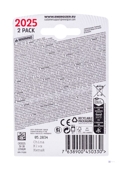 ENERGIZER BATERIA SPECJALISTYCZNA CR2025/2, 3V, ECO