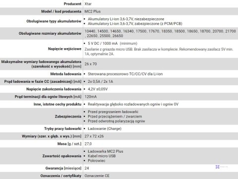 XTAR ŁADOWARKA DO AKUMULATORÓW CYLINDRYCZNYCH LI-ION MC2+