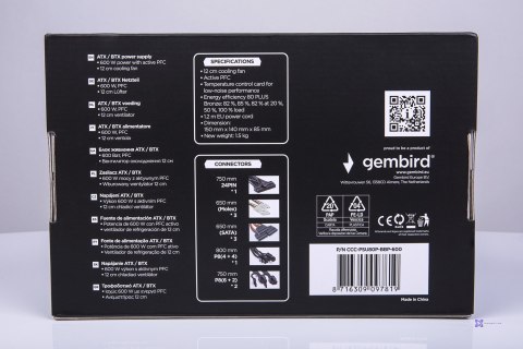 GEMBIRD ZASILACZ KOMPUTEROWY PSU80P-BBP-600 80+BRONZE ATX, 600W, AKTYWNE PFC, 12CM WENTYLATOR