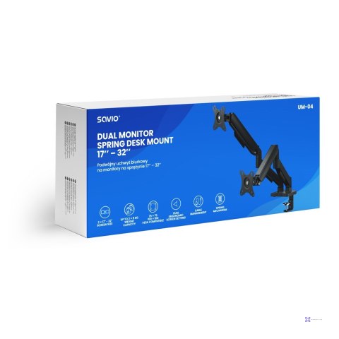 SAVIO PODWÓJNY UCHWYT BIURKOWY NA MONITORY 17"-32" 2X 2-9 KG NA SPRĘŻYNIE UM-04