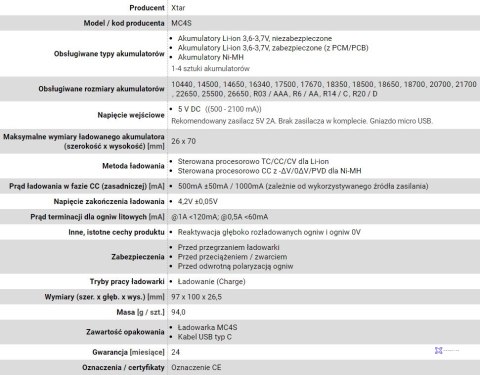 XTAR ŁADOWARKA DO AKUMULATORÓW CYLINDRYCZNYCH LI-ION MC4S