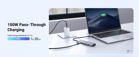 Ugreen Wielofunkcyjny HUB 5w1 USB-C - HDMI 1.4 / 3 x USB-A / USB-C PD 100W CM511 - szary