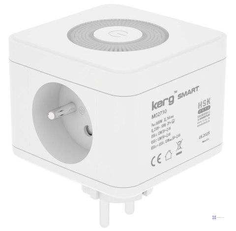Kerg smart - kostka zasilająca 2-gniazdowa + ładowarka USB-A+USB-C + lampka LED 16A/250V~
