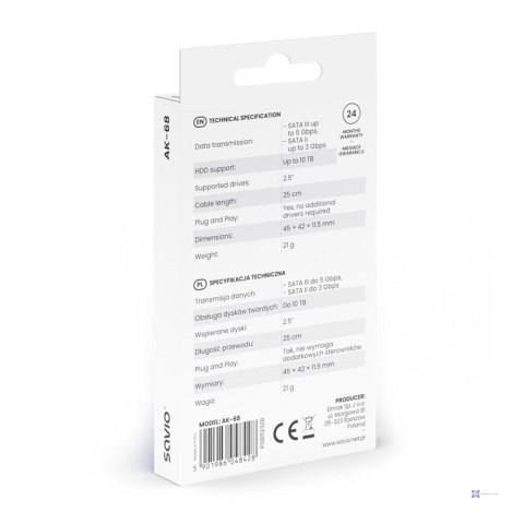 SAVIO ADAPTER SATA (F) - USB-A 3.1 GEN 1 (M) DO DYSKÓW 2.5" AK-68