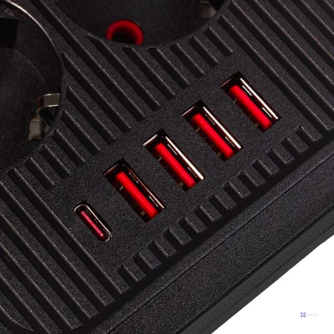 MACLEAN LISTWA ZASILAJĄCA MACLEAN, PRZEDŁUŻACZ 6 GNIAZD + 4XUSB, 110-240V AC 50/60HZ, 2.1A MAX 2500W, 3M, CZARNA, MCE391 B MC