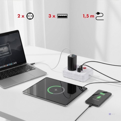 MACLEAN LISTWA ZASILAJĄCA, PRZEDŁUŻACZ 2 GNIAZDA + 3XUSB, 110-240V AC 50/60HZ, 2.1A MAX 2500W, 1.5M, BIAŁA MCE387 W