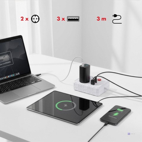 MACLEAN LISTWA ZASILAJĄCA, PRZEDŁUŻACZ 2 GNIAZDA + 3XUSB, 110-240V AC 50/60HZ, 2.1A MAX 2500W, 3 M, BIAŁA MCE388 W