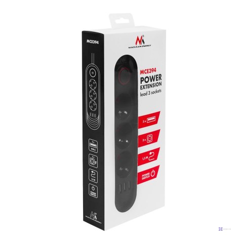 MACLEAN LISTWA ZASILAJĄCA, PRZEDŁUŻACZ 3 GNIAZDA + 3XUSB, 110-240V AC 50/60HZ, 2.1A MAX 2500W, 1,5M, CZARNA MCE394 B