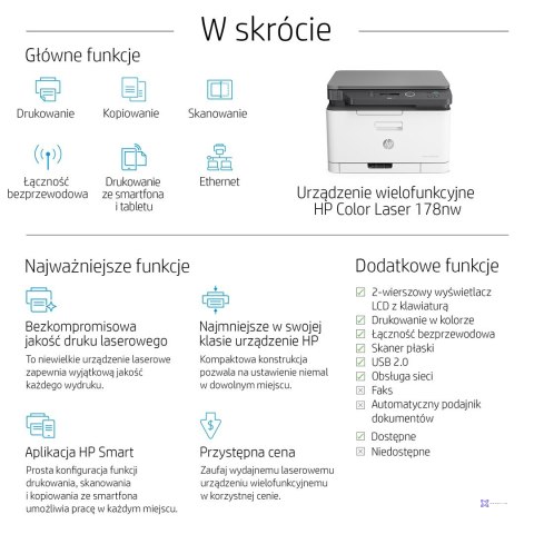 Urządzenie wielofunkcyjne HP Color Laser MFP 178nw 4ZB96A (laserowe, laserowe kolor; A4; Skaner płaski) (WYPRZEDAŻ)