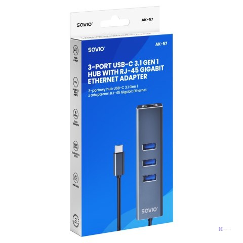SAVIO AK-57 3-PORTOWY HUB USB-C Z ADAPTEREM RJ-45