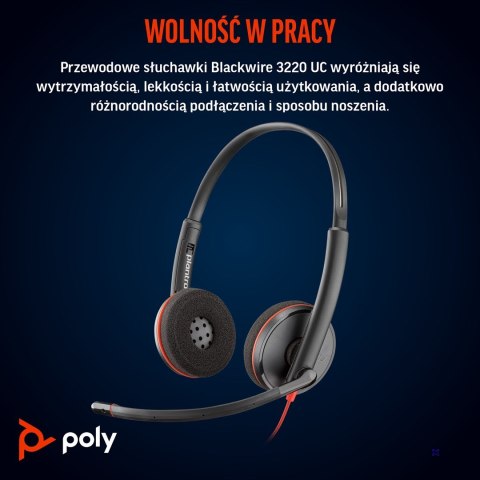 Słuchawki Poly Blackwire 3220 Stereo USB-C Black Headset +USB-C/A Adapter (Bulk) 8X2J9A6