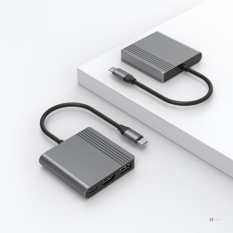 GEMBIRD MULTI ADAPTER USB TYPU C 3 W 1 (PORT USB + HDMI + WIDEO USB-C), KOLOR SZARY
