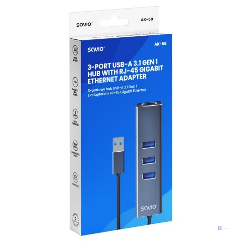 SAVIO AK-58 3-PORTOWY HUB USB-A Z ADAPTEREM RJ-45
