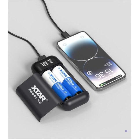 XTAR ŁADOWARKA Z FUNKCJĄ POWER BANK DO AKUMULATORÓW CYLINDRYCZNYCH LI-ION 18650/20700/21700 CZARNA - 2 KANAŁY PB2SLV2