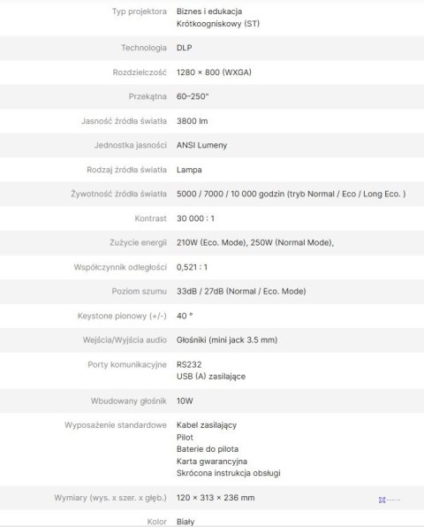 VIVITEK PROJEKTOR KRÓTKOOGNISKOWY DW355ST