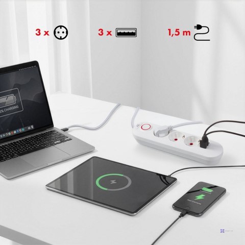 MACLEAN LISTWA ZASILAJĄCA, PRZEDŁUŻACZ 3 GNIAZDA + 3XUSB, 110-240V AC 50/60HZ, 2.1A MAX 2500W, 1,5M, BIAŁA MCE394 W