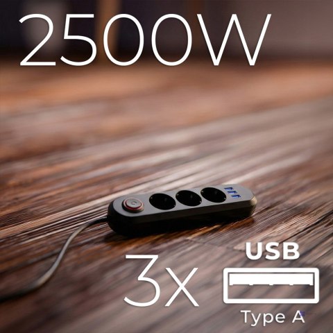 MACLEAN LISTWA ZASILAJĄCA, PRZEDŁUŻACZ 3 GNIAZDA + 3XUSB, 110-240V AC 50/60HZ, 2.1A MAX 2500W, 1,5M, CZARNA MCE394 B