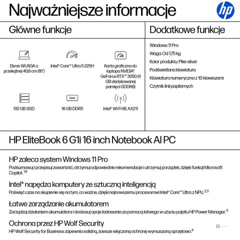 HP Elitebook 6 G1i Ultra 5 225H 16"WUXGA 300nits AG 16GB DDR5 5600 SSD512 Intel Arc Cam 5MP+IR 56Wh W11Pro Pike Silver 3Y OnSite