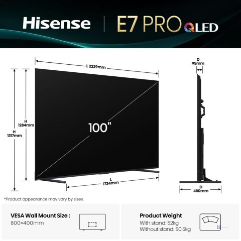 Telewizor Hisense 100E7Q Pro QLED 100" 4K Ultra HD 144Hz VIDAA Dolby Atmos Czarny