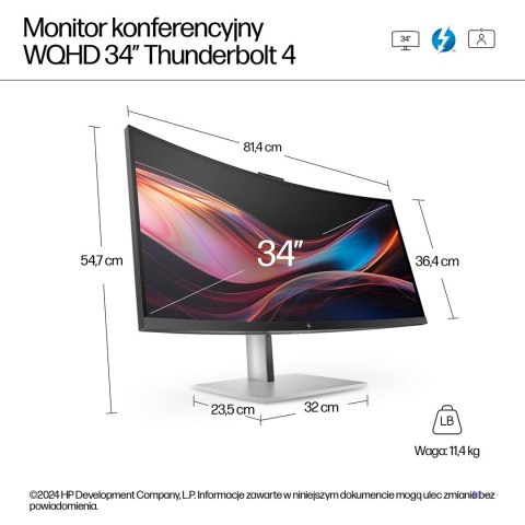 Monitor HP LED 34" S7 Pro 734pm (8K157UT) Curved IPS 120Hz WQHD Kamera RJ-45 ThunderBolt 4