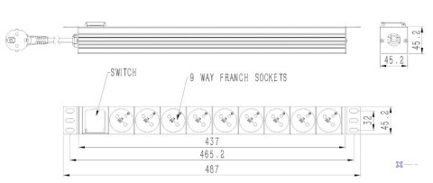 GEMBIRD LISTWA ZASILAJĄCA RACK 19" PDU 1U, 16A, 9X GNIAZDO FRENCH, WTYK FR, KABEL 2M
