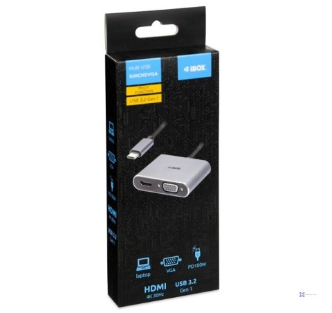 Hub USB Typ-C 4w1 USB 3.0 + PD 100W + HDMK 4k30Hz + VGA FullHD
