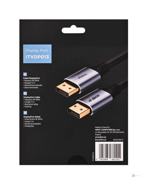 Kabel DisplayPort 4k60Hz złota wtyczka 3m