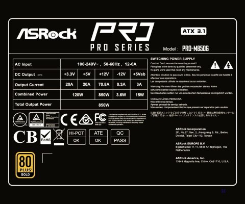Zasilacz Asrock PRO-M850G 850W 80 PLUS Gold