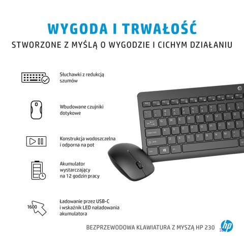 Zestaw klawiatura + mysz HP 230 Wireless Mouse and Keyboard Combo bezprzewodowe czarne 18H24AA#ABB