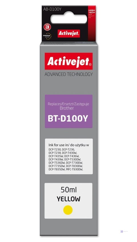 Activejet AB-D100Y Buteleczka z tuszem z atramentem (zamiennik Brother BT-D100Y; Supreme; 50 ml; żółty)