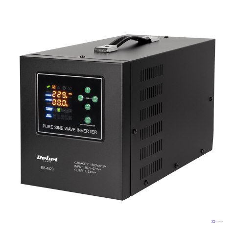 REBEL ZASILACZ AWARYJNY Z CZYSTYM PRZEBIEGIEM SINUSOIDALNYM I FUNKCJĄ ŁADOWANIA 12V 230V 1500VA/1050W LFP4 RB-4029