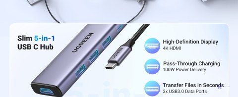 Ugreen Adapter HUB CM511 USB-C do HDMI, 3x USB-A 3.0, SD/TF