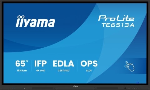 Iiyama TE6513A-B2AG signage display Interaktywny płaski panel 163,8 cm (64.5") Wi-Fi 500 cd/m2 4K Ultra HD Czarny Ekran dotykowy