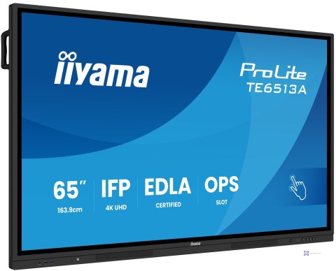 Iiyama TE6513A-B2AG signage display Interaktywny płaski panel 163,8 cm (64.5") Wi-Fi 500 cd/m2 4K Ultra HD Czarny Ekran dotykowy