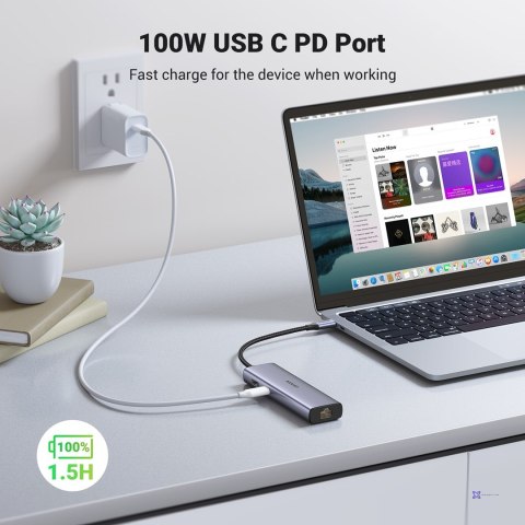 Adapter Ugreen CM512 90568 USB-C - 2x USB-A 3.0 / HDMI / RJ45 / czytnik kart SD i TF / USB-C PD 100W - szary
