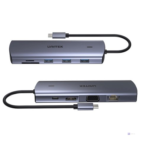UNITEK HUB USB-C 9W1, HDMI, VGA, SD, RJ45, 3X USB-A, PD 100W