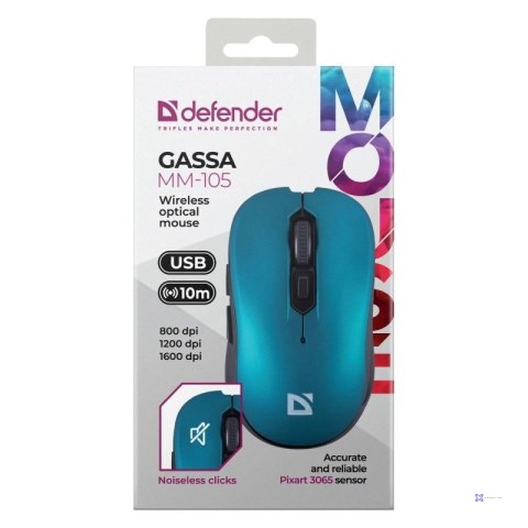DEFENDER MYSZ BEZPRZEWODOWA GASSA MM-105 RF SILENT CLICK NIEBIESKA 52102