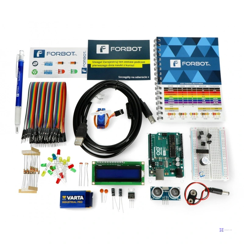 Zestaw FORBOT do kursu Arduino (m.in. z mikrokontrolerem, płytką stykową) + materiały edukacyjne - 15szt.